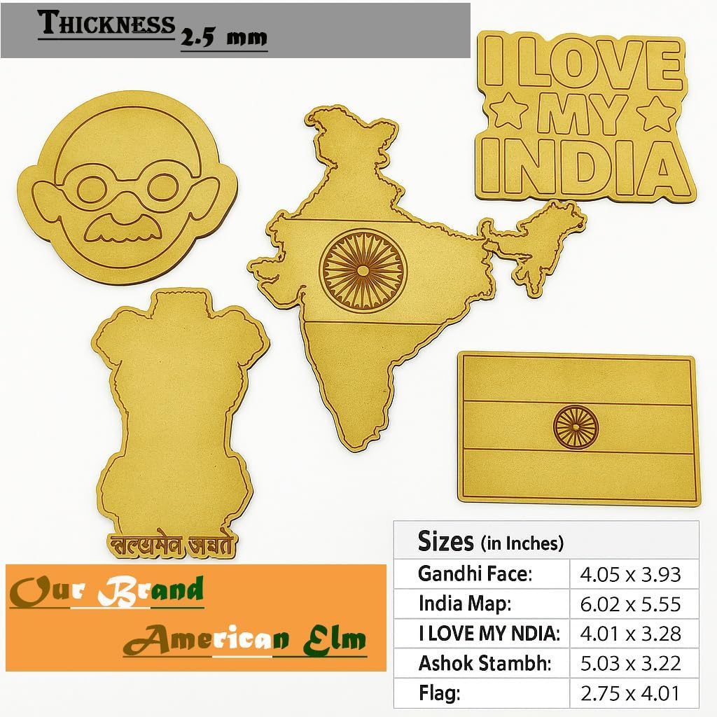 India Independence Day Craft Kit – 5 Wooden Patriotic Cutouts | DIY Gandhi Face, India Map, Flag, Ashok Stambh for Kids Craft Projects | 15.4 x 14.1 inch